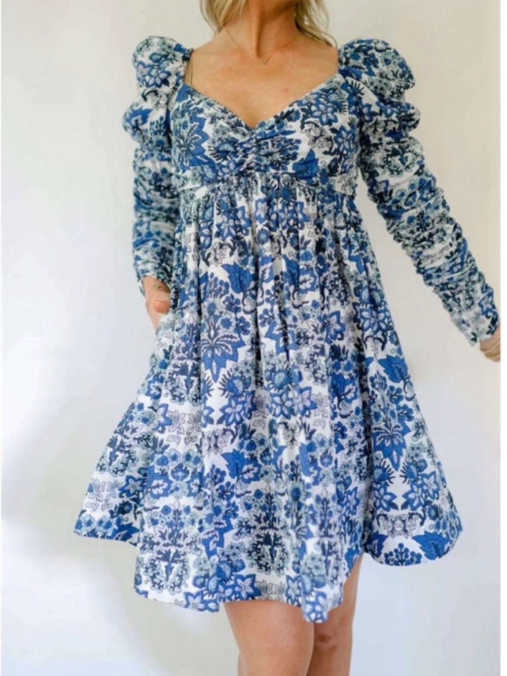 NWT ANNA CATE BOUTIQUE BLUE FLORAL COTTON BABY DOLL DRESS SIZE L